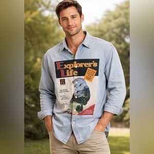 Paper Planes Explorer’s Life Graphic Denim Button-Up Shirt Size Small